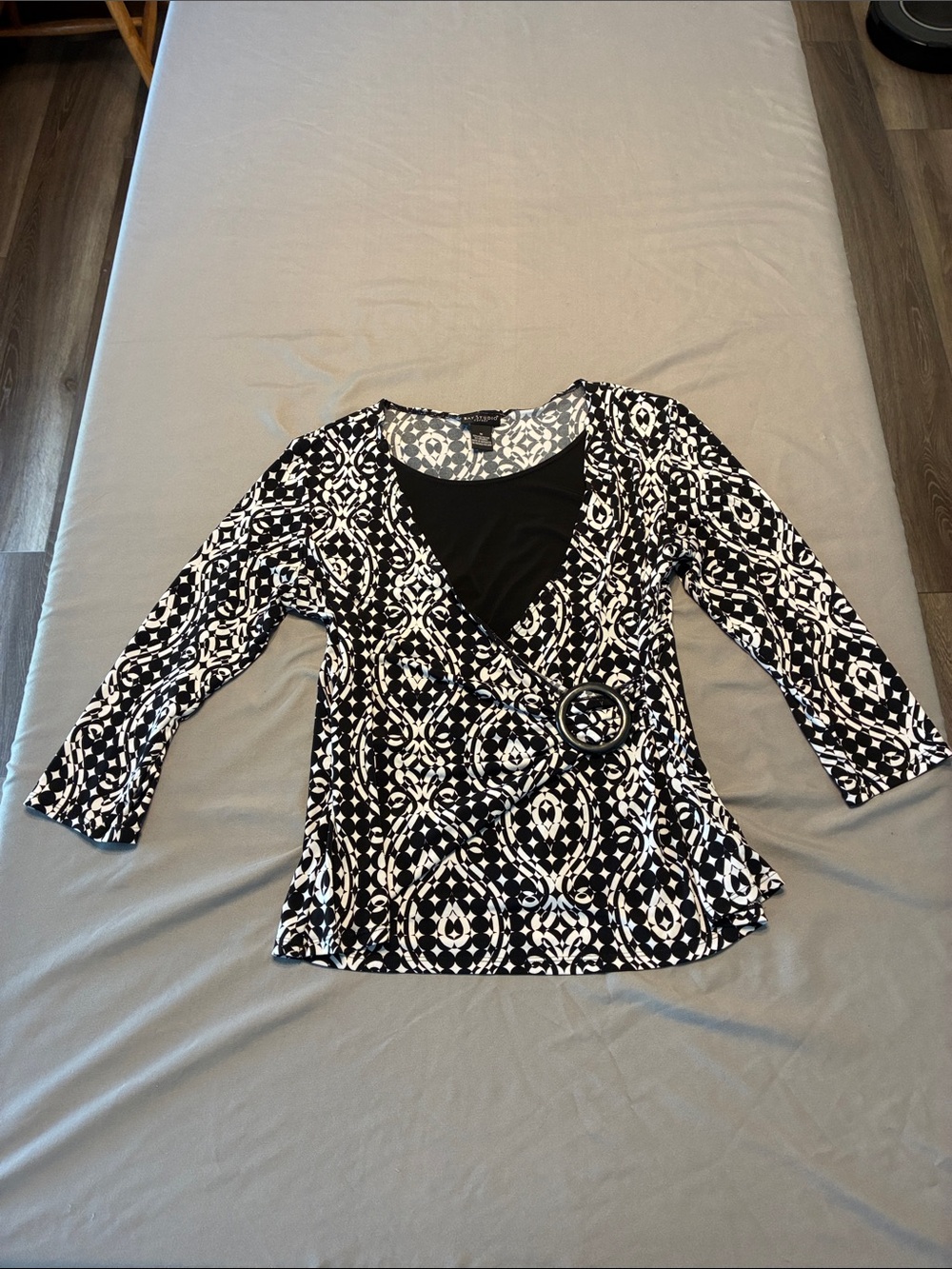 Bay Studio Black and White Geometric Wrap-Style Top